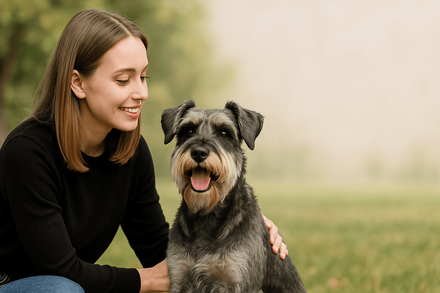 Szczęśliwy pies rasy sznaucer na łóżku